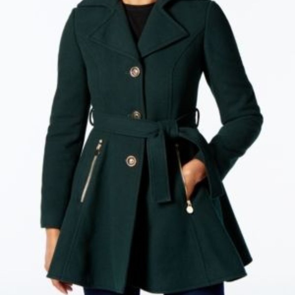 NWOT INC dark green skirted belted wool coat xxs